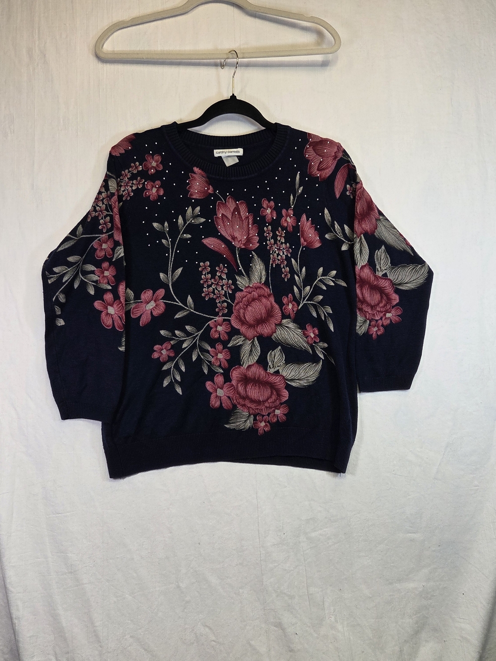 Cathy Daniels Navy Red Floral Rhinestone Knit Pullover Sweater. #0415